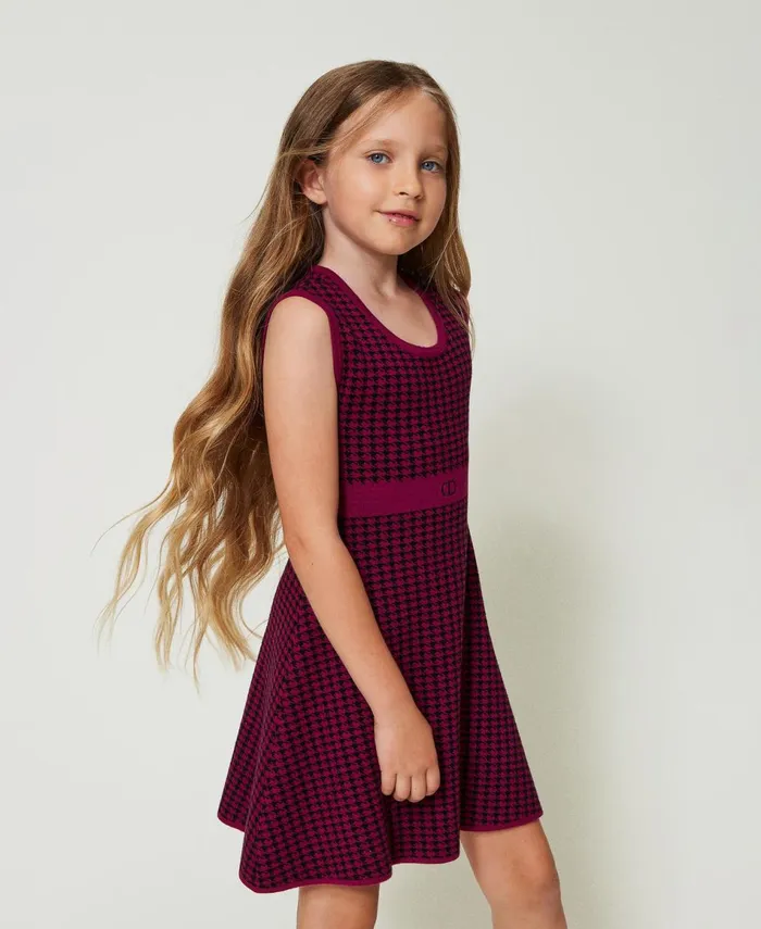 Twinset Jacquard Knit Short Dress With Houndstooth Pattern Twotone Magenta Purple Black Girl Dresses Twinset Jacquard Knit Short Dress With Houndstooth Pattern Twotone Magenta Purple Black Girl Dresses