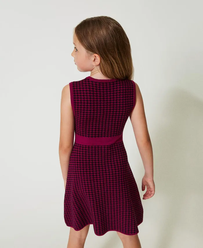 Twinset Jacquard Knit Short Dress With Houndstooth Pattern Twotone Magenta Purple Black Girl Dresses Twinset Jacquard Knit Short Dress With Houndstooth Pattern Twotone Magenta Purple Black Girl Dresses