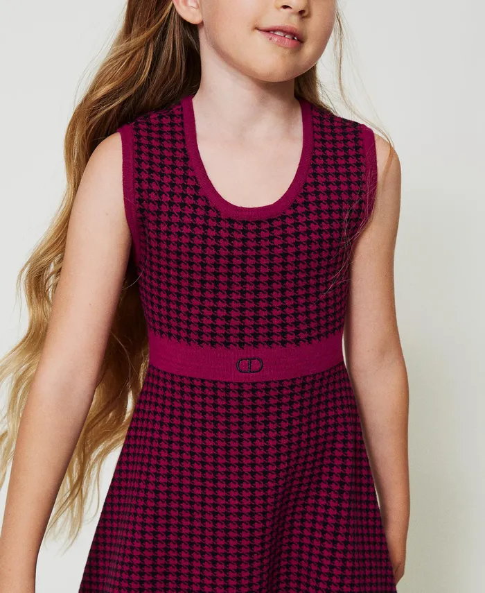 Twinset Jacquard Knit Short Dress With Houndstooth Pattern Twotone Magenta Purple Black Girl Dresses Twinset Jacquard Knit Short Dress With Houndstooth Pattern Twotone Magenta Purple Black Girl Dresses