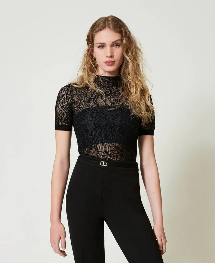 Twinset Jacquard Lace Effect Turtleneck Jumper Black Women Jumpers And Cardigans