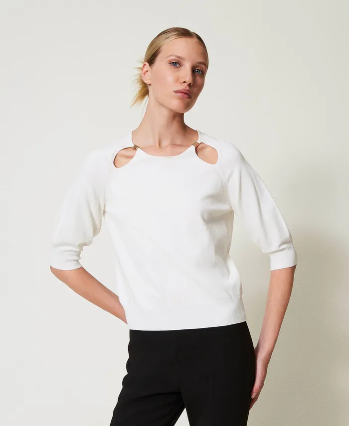 Twinset Jumper With CutOuts And Oval T White Snow Women Jumpers And Cardigans