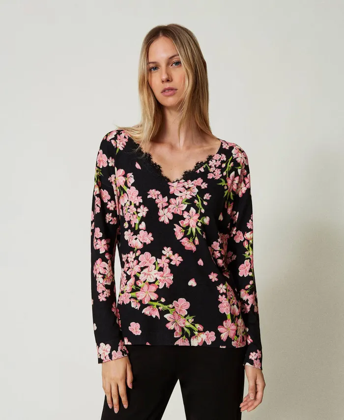 Twinset Jumper With Floral Print And Lace Multicolour Blooming Women Jumpers And Cardigans