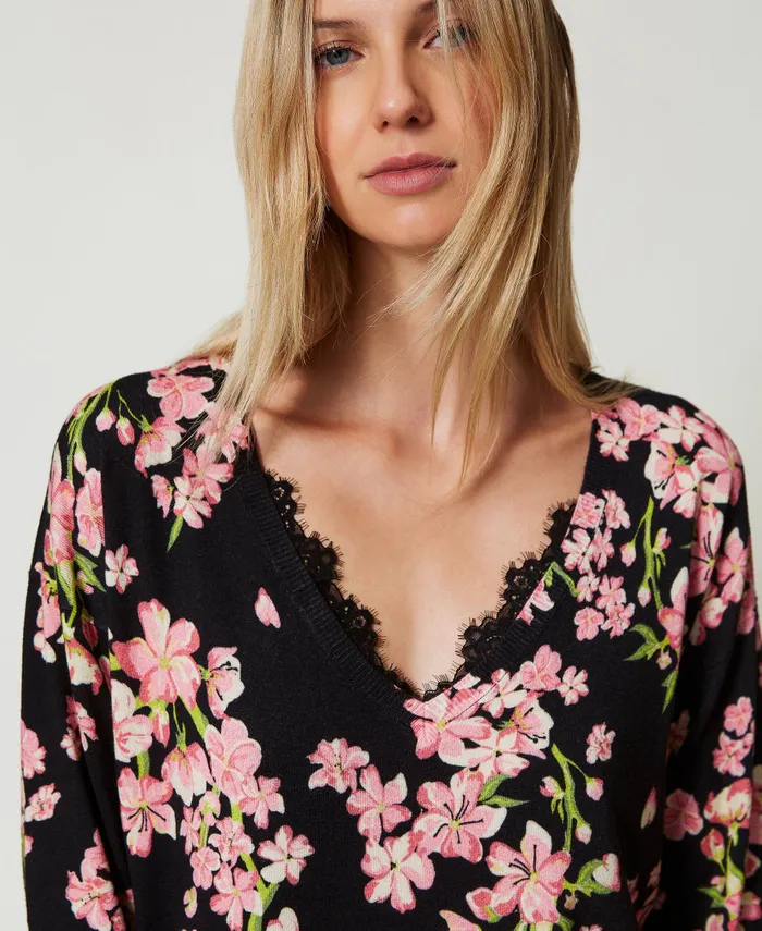 Twinset Jumper With Floral Print And Lace Multicolour Blooming Women Jumpers And Cardigans Twinset Jumper With Floral Print And Lace Multicolour Blooming Women Jumpers And Cardigans