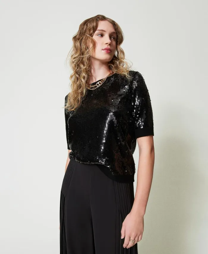 Twinset Jumper With Full Sequin Embroidery Black Women Jumpers And Cardigans Twinset Jumper With Full Sequin Embroidery Black Women Jumpers And Cardigans