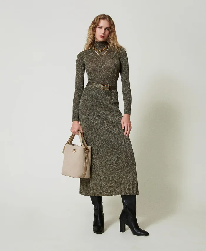 Twinset Knit Midi Skirt With Lurex Twotone Dark Taupe Gold Women Skirts