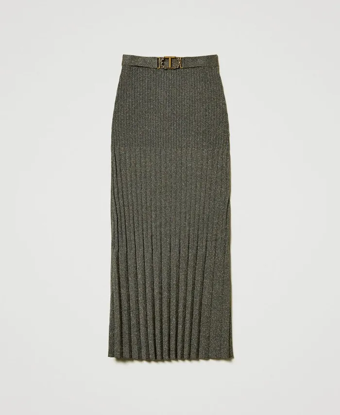 Twinset Knit Midi Skirt With Lurex Twotone Dark Taupe Gold Women Skirts Twinset Knit Midi Skirt With Lurex Twotone Dark Taupe Gold Women Skirts