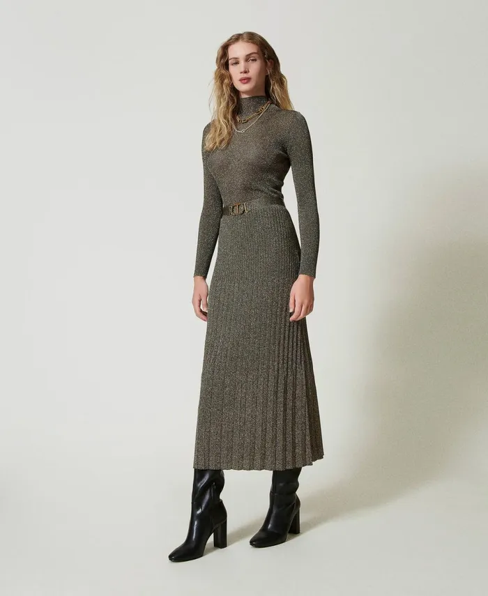 Twinset Knit Midi Skirt With Lurex Twotone Dark Taupe Gold Women Skirts Twinset Knit Midi Skirt With Lurex Twotone Dark Taupe Gold Women Skirts