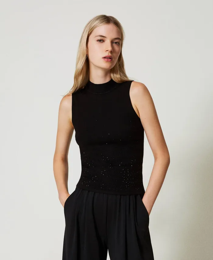 Twinset Knit Top With Fadeout Rhinestones Black Women TShirts And Tops