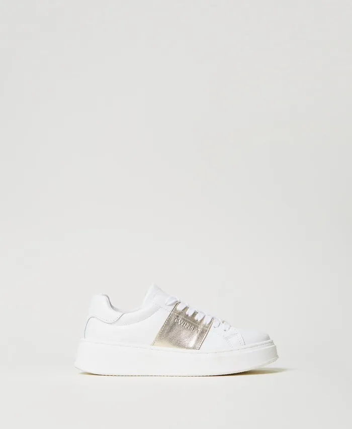 Twinset Leather Trainers With Laminated Stripe Twotone Optical Whiteplatinum Girl