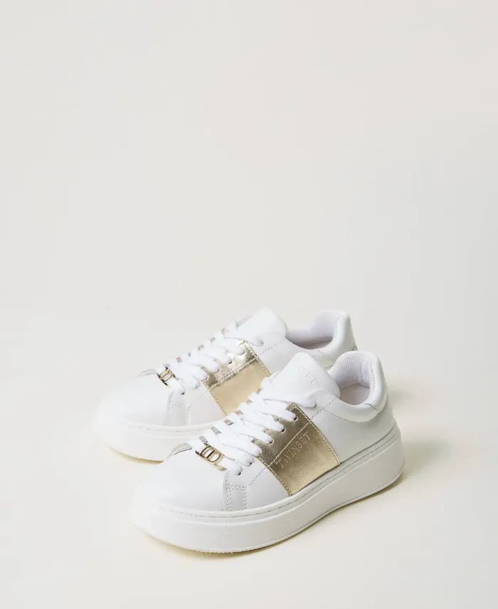 Twinset Leather Trainers With Laminated Stripe Twotone Optical Whiteplatinum Girl Twinset Leather Trainers With Laminated Stripe Twotone Optical Whiteplatinum Girl