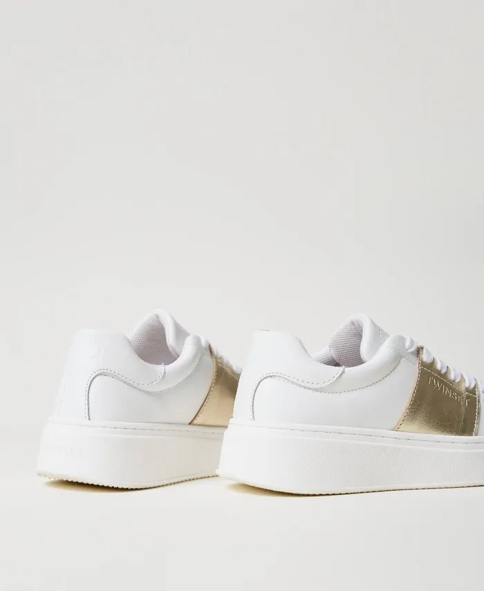 Twinset Leather Trainers With Laminated Stripe Twotone Optical Whiteplatinum Girl Twinset Leather Trainers With Laminated Stripe Twotone Optical Whiteplatinum Girl