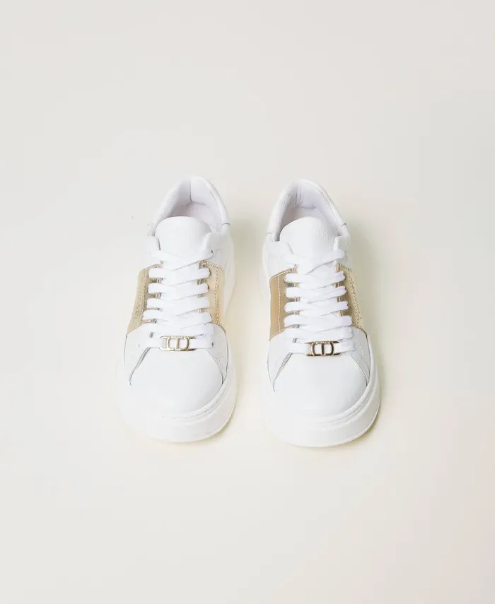 Twinset Leather Trainers With Laminated Stripe Twotone Optical Whiteplatinum Girl Twinset Leather Trainers With Laminated Stripe Twotone Optical Whiteplatinum Girl