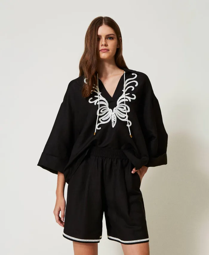 Twinset Linen Blend Shorts With Embroidery Bicolour Black Motherofpearl White Women Suits And Sets