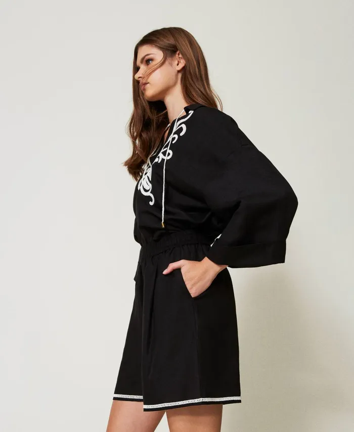 Twinset Linen Blend Shorts With Embroidery Bicolour Black Motherofpearl White Women Suits And Sets Twinset Linen Blend Shorts With Embroidery Bicolour Black Motherofpearl White Women Suits And Sets