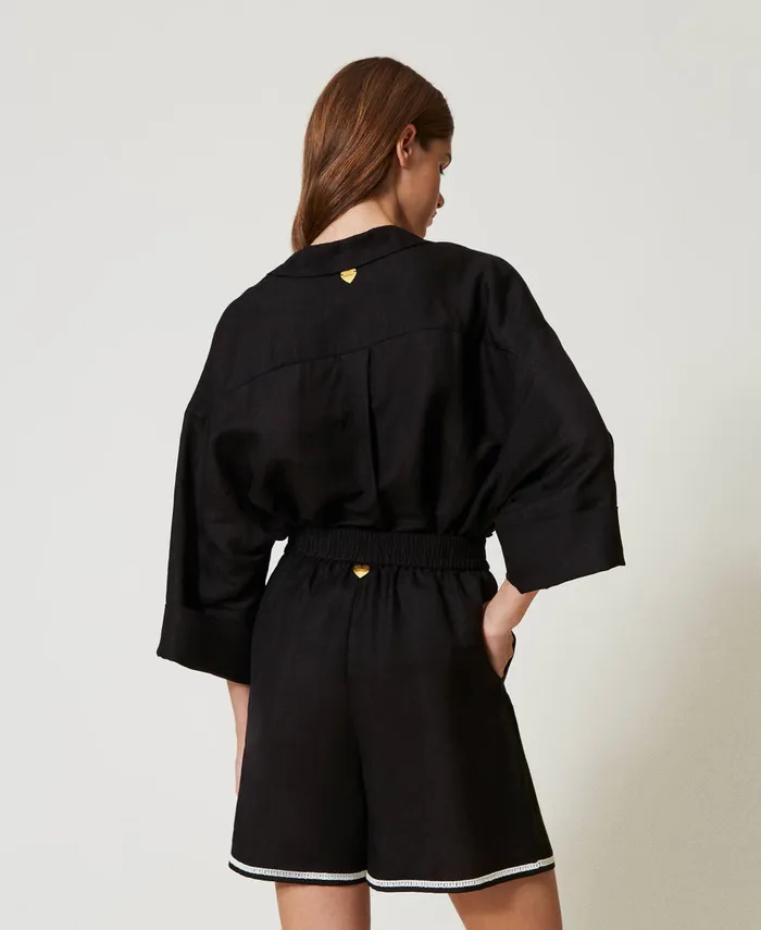 Twinset Linen Blend Shorts With Embroidery Bicolour Black Motherofpearl White Women Suits And Sets Twinset Linen Blend Shorts With Embroidery Bicolour Black Motherofpearl White Women Suits And Sets