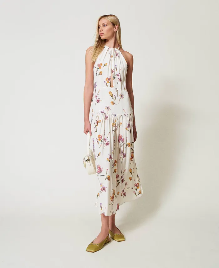 Twinset Long Crpe De Chine Halter Dress With Floral Print Multicolourmother Of Pearl Iris Print Women Dresses