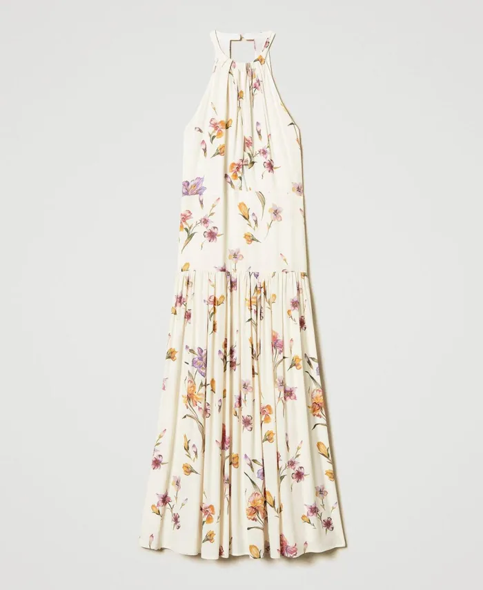 Twinset Long Crpe De Chine Halter Dress With Floral Print Multicolourmother Of Pearl Iris Print Women Dresses Twinset Long Crpe De Chine Halter Dress With Floral Print Multicolourmother Of Pearl Iris Print Women Dresses