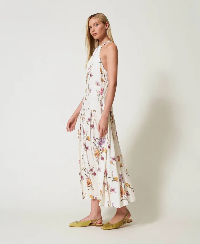 Twinset Long Crpe De Chine Halter Dress With Floral Print Multicolourmother Of Pearl Iris Print Women Dresses Twinset Long Crpe De Chine Halter Dress With Floral Print Multicolourmother Of Pearl Iris Print Women Dresses