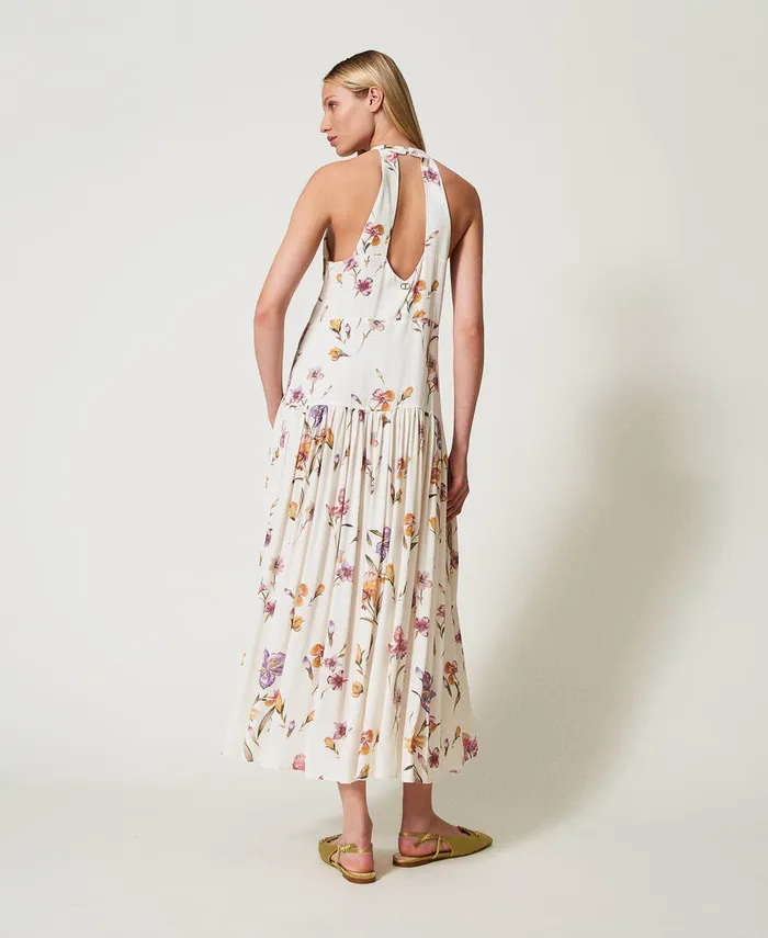 Twinset Long Crpe De Chine Halter Dress With Floral Print Multicolourmother Of Pearl Iris Print Women Dresses Twinset Long Crpe De Chine Halter Dress With Floral Print Multicolourmother Of Pearl Iris Print Women Dresses