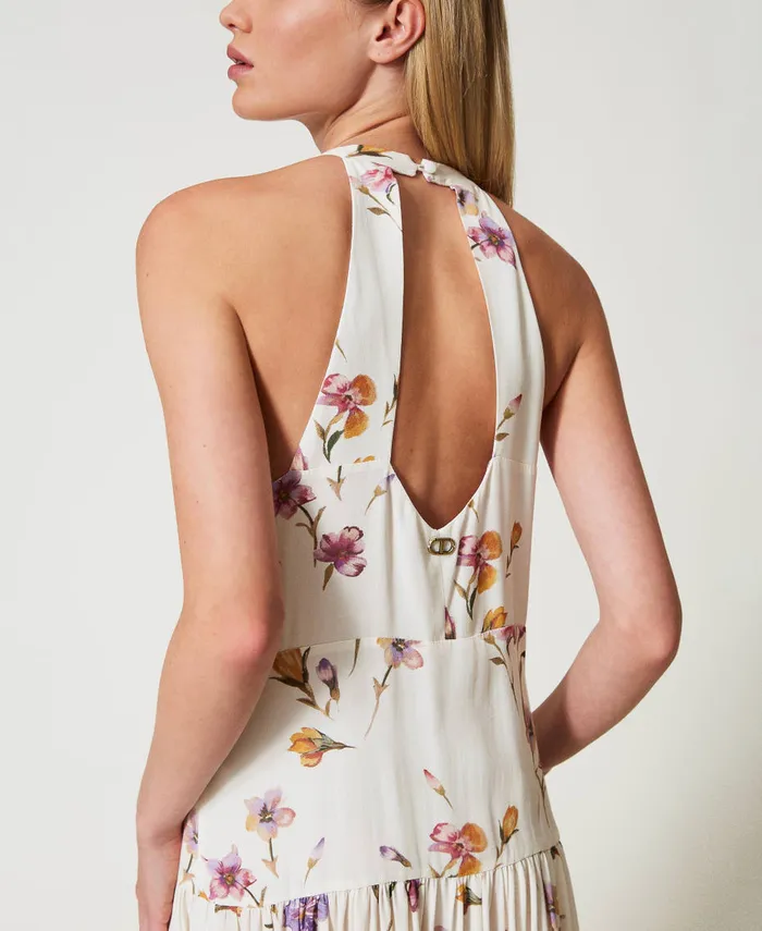 Twinset Long Crpe De Chine Halter Dress With Floral Print Multicolourmother Of Pearl Iris Print Women Dresses Twinset Long Crpe De Chine Halter Dress With Floral Print Multicolourmother Of Pearl Iris Print Women Dresses