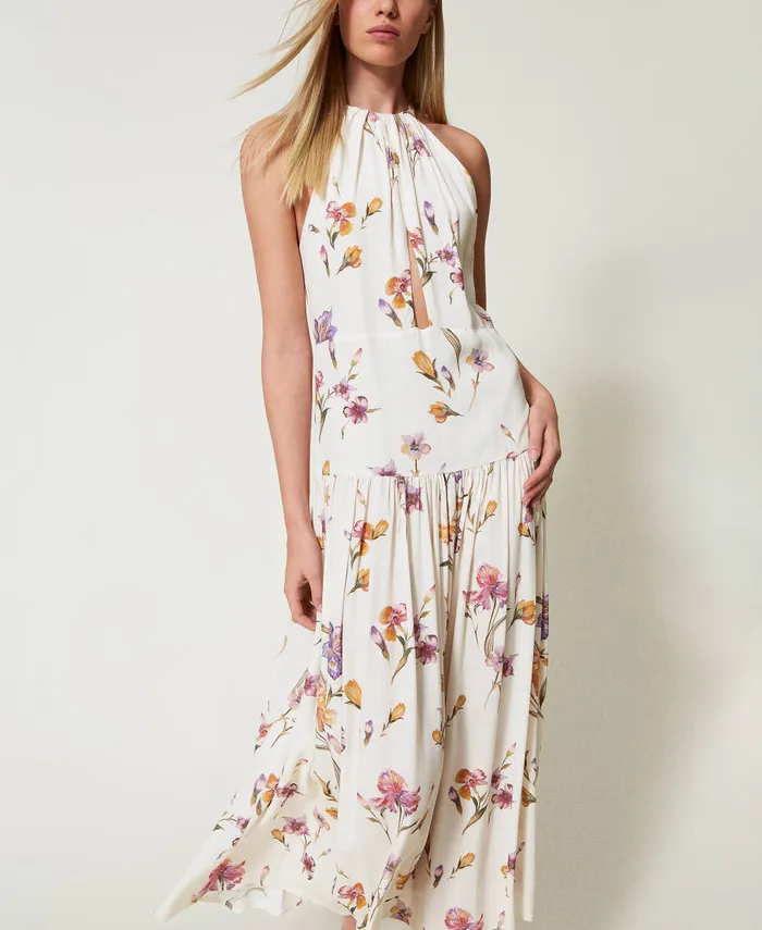 Twinset Long Crpe De Chine Halter Dress With Floral Print Multicolourmother Of Pearl Iris Print Women Dresses Twinset Long Crpe De Chine Halter Dress With Floral Print Multicolourmother Of Pearl Iris Print Women Dresses