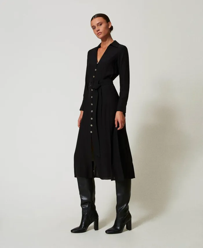 Twinset Long Crpe Georgette Shirt Dress Black Women Dresses Twinset Long Crpe Georgette Shirt Dress Black Women Dresses