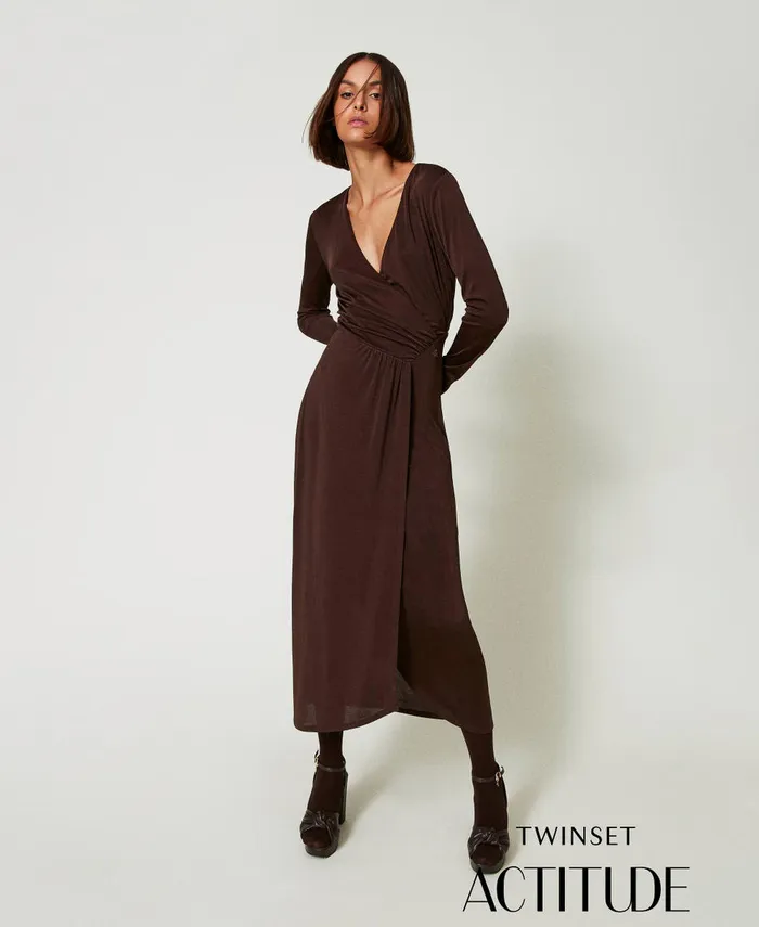 Twinset Long Jersey Dress With Side Draping Mol Brown Women Dresses