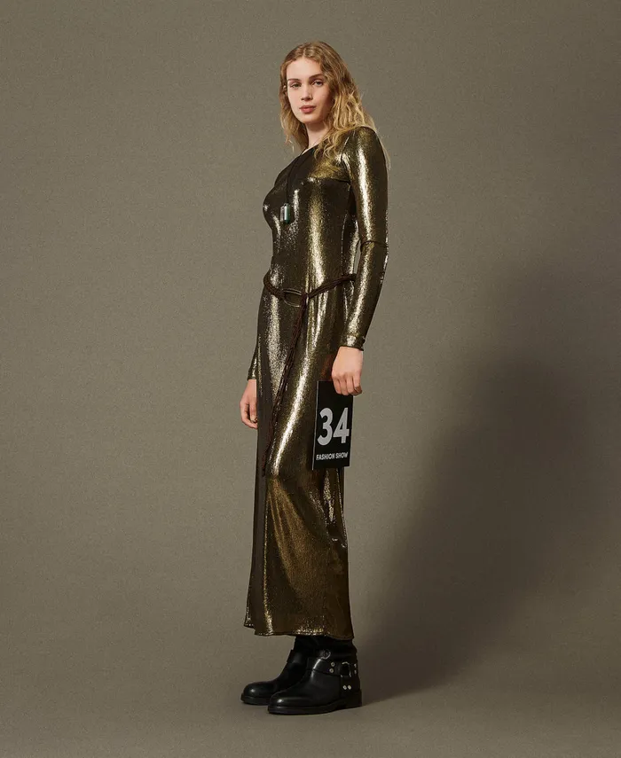 Twinset Long Laminated Dress With Draping Laminated Gold Black Women Dresses