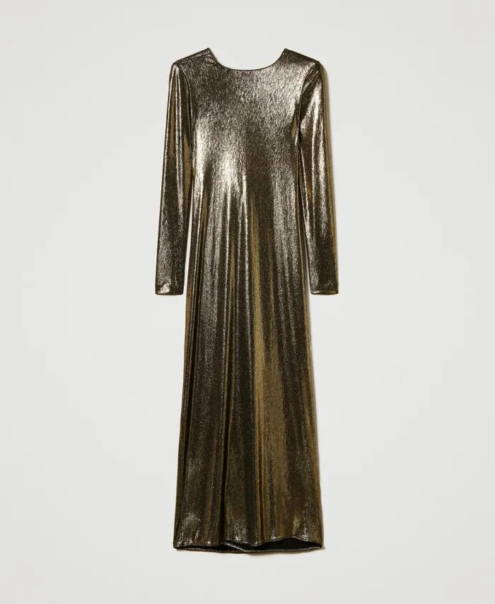 Twinset Long Laminated Dress With Draping Laminated Gold Black Women Dresses Twinset Long Laminated Dress With Draping Laminated Gold Black Women Dresses