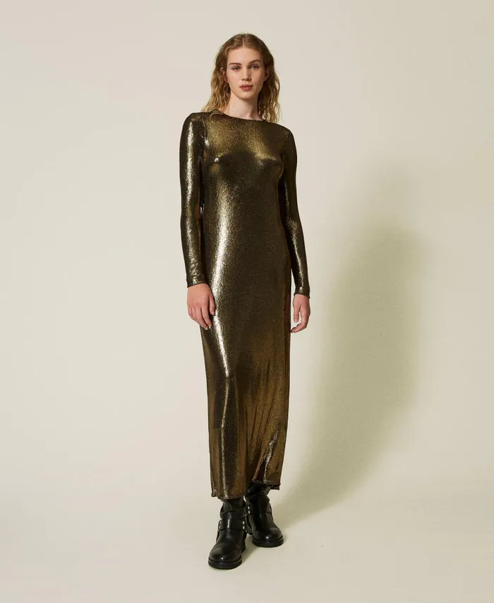 Twinset Long Laminated Dress With Draping Laminated Gold Black Women Dresses Twinset Long Laminated Dress With Draping Laminated Gold Black Women Dresses