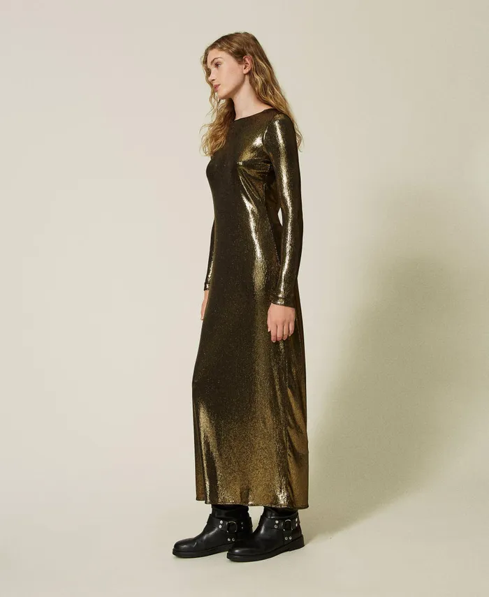 Twinset Long Laminated Dress With Draping Laminated Gold Black Women Dresses Twinset Long Laminated Dress With Draping Laminated Gold Black Women Dresses