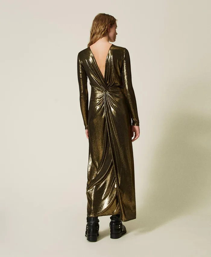 Twinset Long Laminated Dress With Draping Laminated Gold Black Women Dresses Twinset Long Laminated Dress With Draping Laminated Gold Black Women Dresses