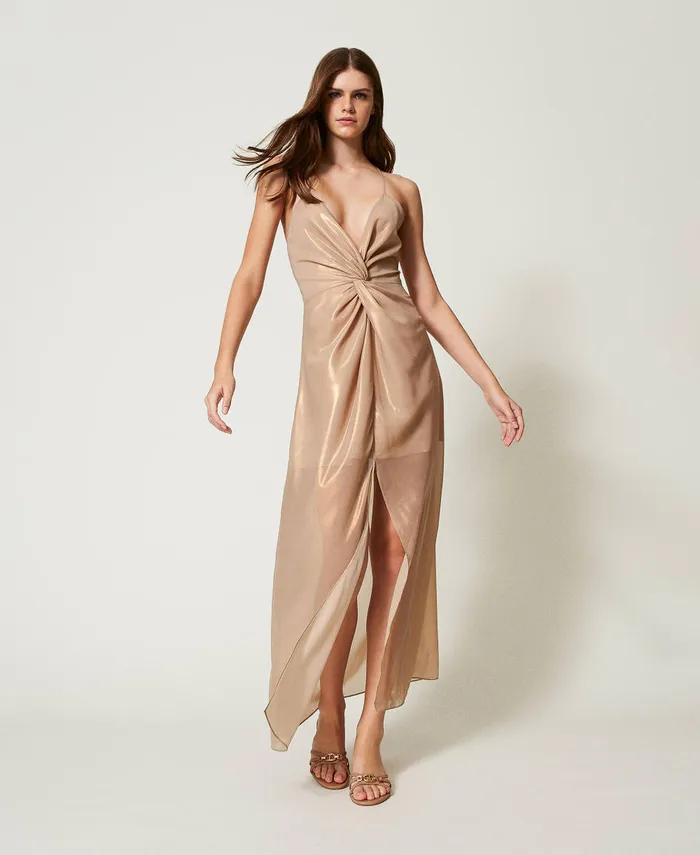 Twinset Long Laminated Georgette Dress Natural Beige Women Dresses