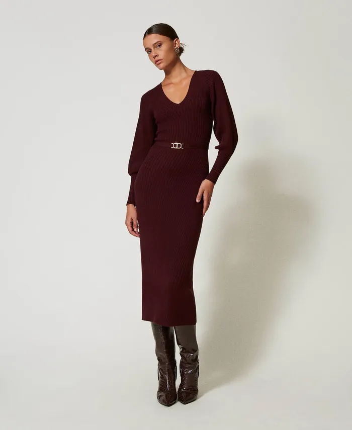 Twinset Long Ribbed Knit Dress With Belt Plum Wine Red Women Dresses