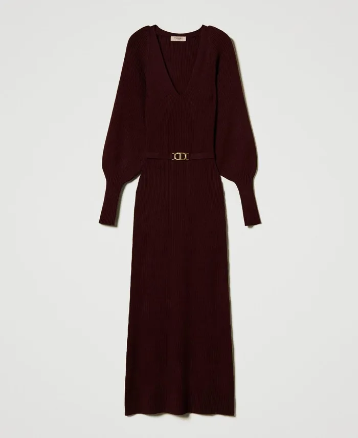 Twinset Long Ribbed Knit Dress With Belt Plum Wine Red Women Dresses Twinset Long Ribbed Knit Dress With Belt Plum Wine Red Women Dresses