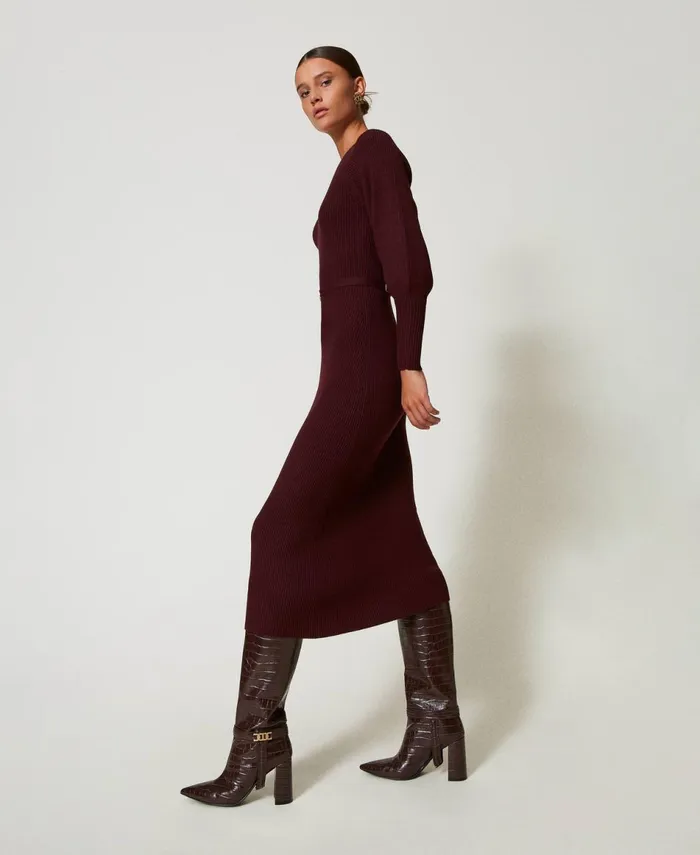 Twinset Long Ribbed Knit Dress With Belt Plum Wine Red Women Dresses Twinset Long Ribbed Knit Dress With Belt Plum Wine Red Women Dresses