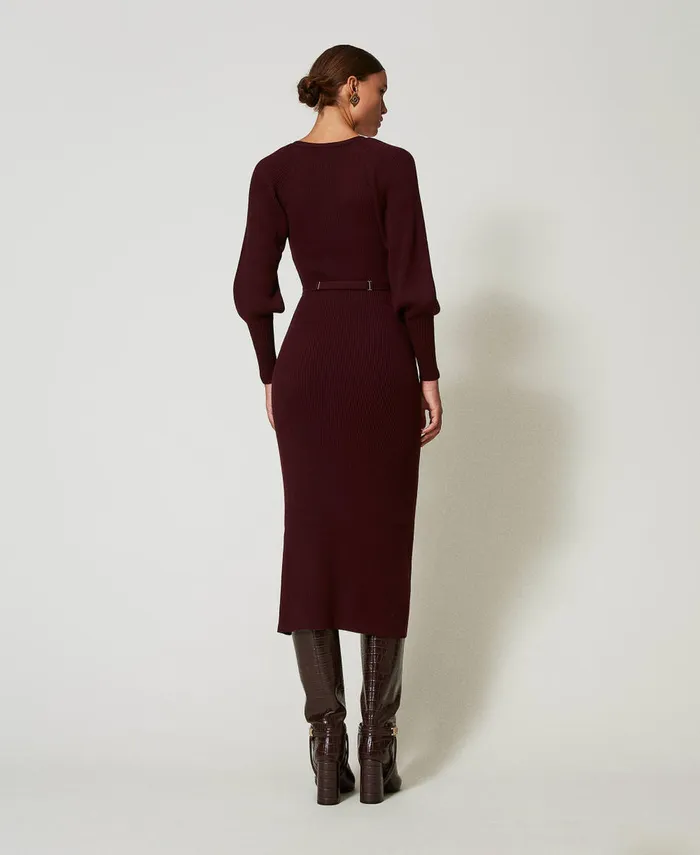 Twinset Long Ribbed Knit Dress With Belt Plum Wine Red Women Dresses Twinset Long Ribbed Knit Dress With Belt Plum Wine Red Women Dresses