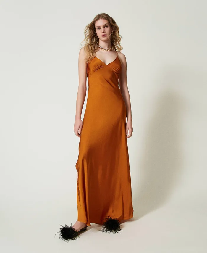 Twinset Long Satin Dress With Thin Shoulder Straps Tenn Orange Women Dresses