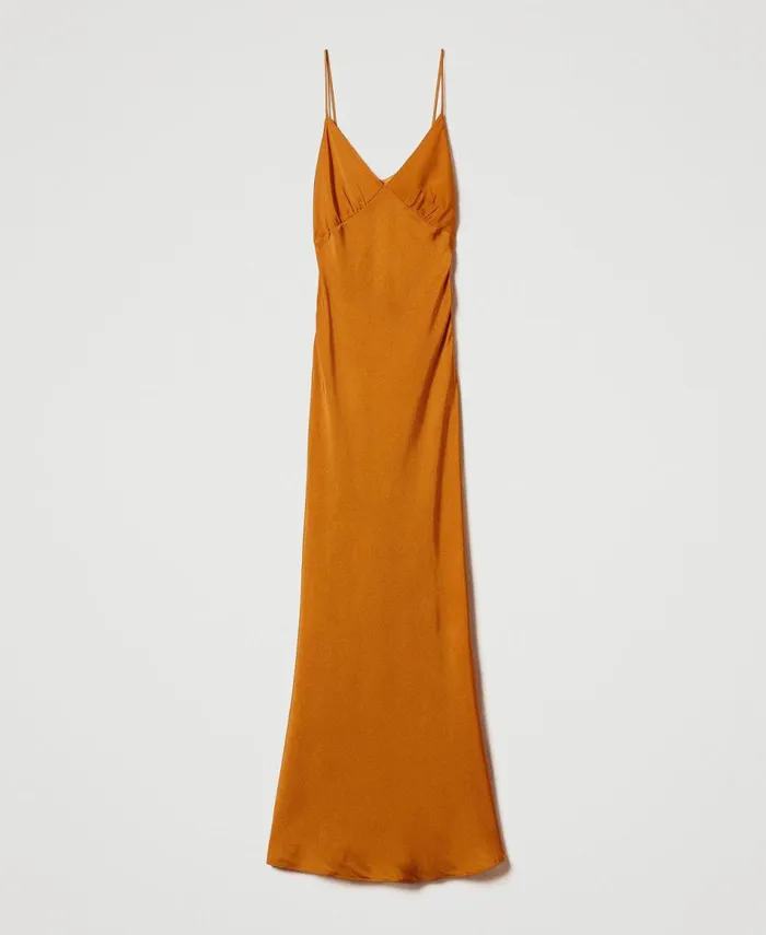 Twinset Long Satin Dress With Thin Shoulder Straps Tenn Orange Women Dresses Twinset Long Satin Dress With Thin Shoulder Straps Tenn Orange Women Dresses