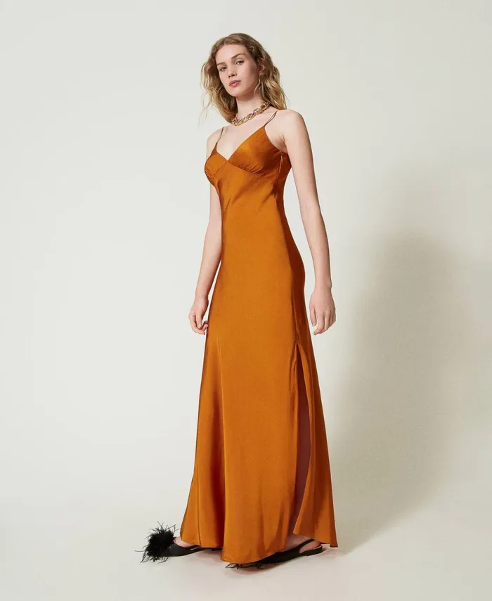 Twinset Long Satin Dress With Thin Shoulder Straps Tenn Orange Women Dresses Twinset Long Satin Dress With Thin Shoulder Straps Tenn Orange Women Dresses