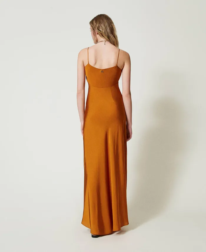 Twinset Long Satin Dress With Thin Shoulder Straps Tenn Orange Women Dresses Twinset Long Satin Dress With Thin Shoulder Straps Tenn Orange Women Dresses