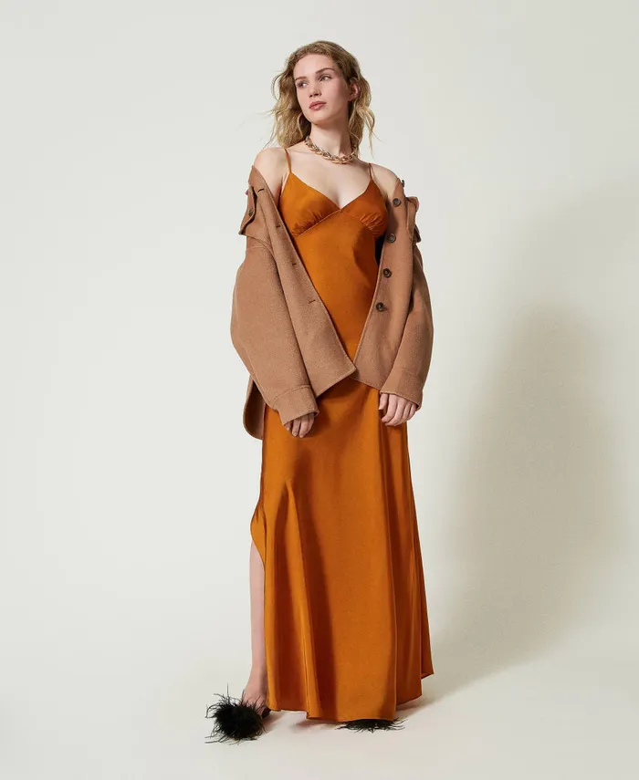Twinset Long Satin Dress With Thin Shoulder Straps Tenn Orange Women Dresses Twinset Long Satin Dress With Thin Shoulder Straps Tenn Orange Women Dresses