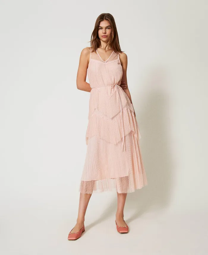 Twinset Long Tulle Dress With Pleated Flounces Cupcake Pink Women Dresses