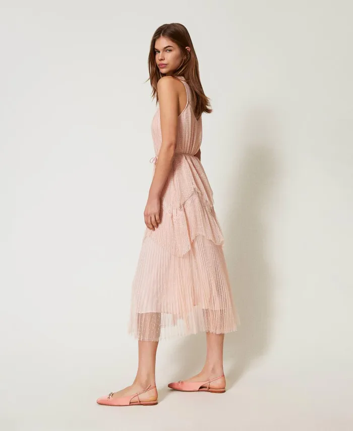Twinset Long Tulle Dress With Pleated Flounces Cupcake Pink Women Dresses Twinset Long Tulle Dress With Pleated Flounces Cupcake Pink Women Dresses