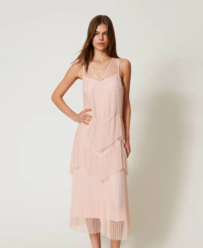Twinset Long Tulle Dress With Pleated Flounces Cupcake Pink Women Dresses Twinset Long Tulle Dress With Pleated Flounces Cupcake Pink Women Dresses