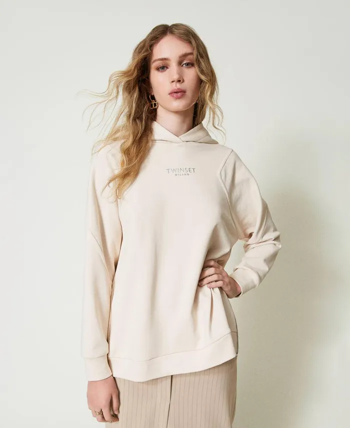 Twinset Maxi Hoodie With Logo Old White Women Sweatshirts Twinset Maxi Hoodie With Logo Old White Women Sweatshirts