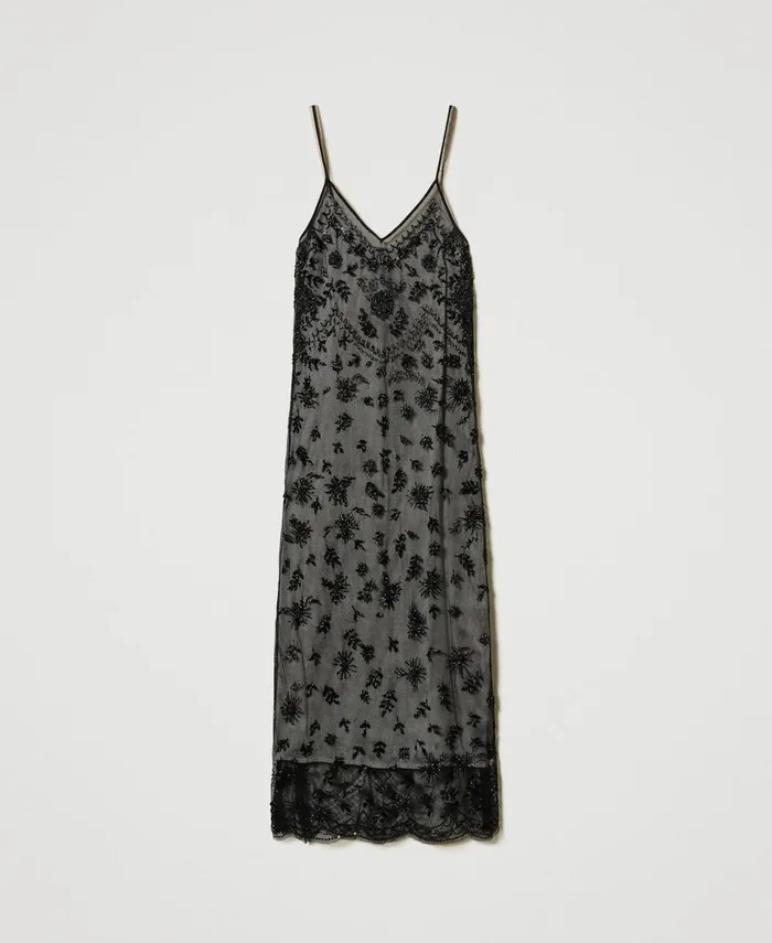 Twinset Midi Tulle Dress With Hand Embroidery Black Women Dresses Twinset Midi Tulle Dress With Hand Embroidery Black Women Dresses
