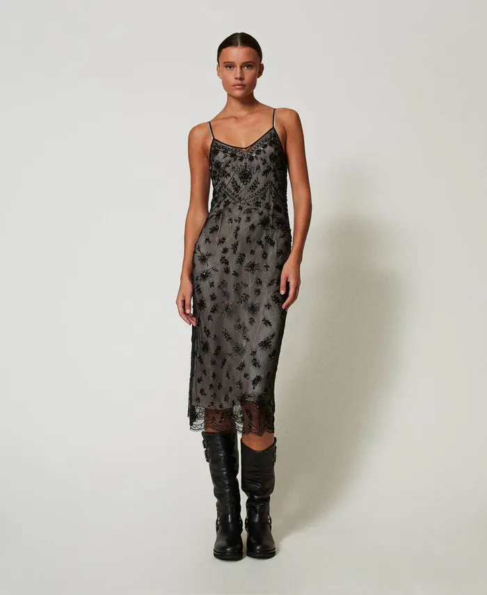 Twinset Midi Tulle Dress With Hand Embroidery Black Women Dresses Twinset Midi Tulle Dress With Hand Embroidery Black Women Dresses