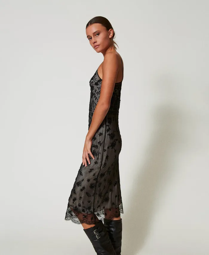 Twinset Midi Tulle Dress With Hand Embroidery Black Women Dresses Twinset Midi Tulle Dress With Hand Embroidery Black Women Dresses