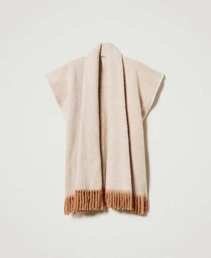 Twinset Mottled Poncho With Fringes Sandy Brown Women Jackets And Outerwear Twinset Mottled Poncho With Fringes Sandy Brown Women Jackets And Outerwear